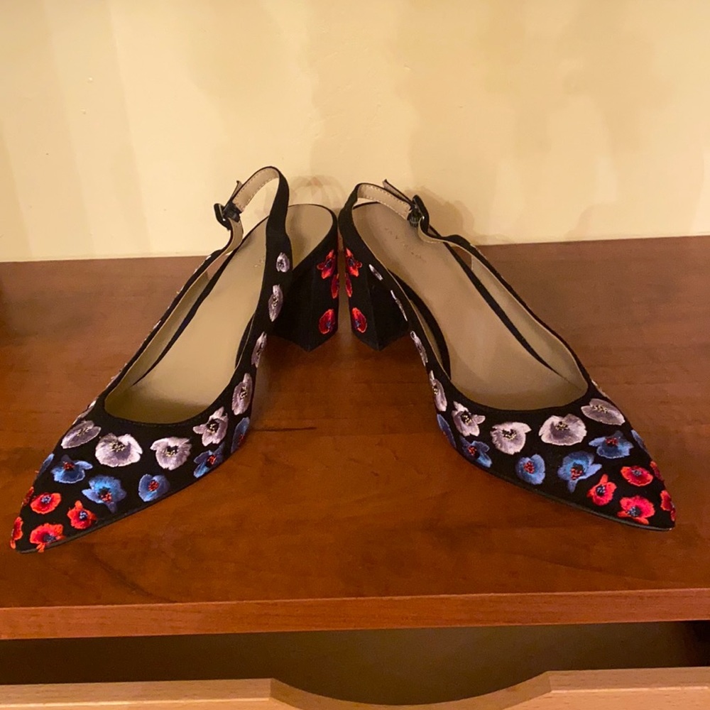 Ann Taylor red, purple, blue floral heels.